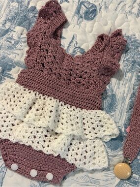 Handmade Mauve and Cream Crochet Baby Matching Set